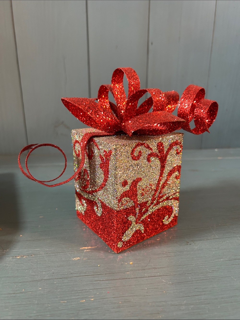 Holiday Decor Red and Gold Glitter Gift Box Accent